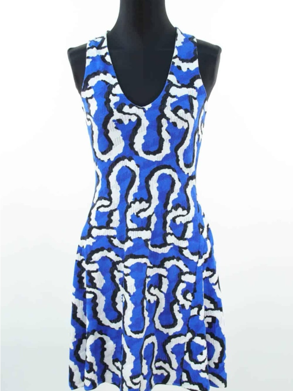 Kenzo Blue White Black Abstract Sleeveless Fit & Flare Knit Dress - Medium